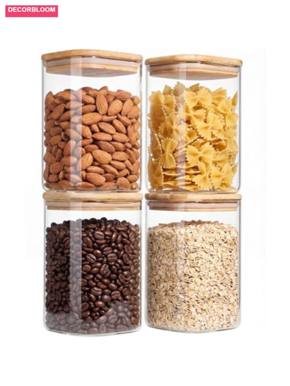 4 Square Glass Storage Jars with Bamboo Lids - Pantry Organization Set